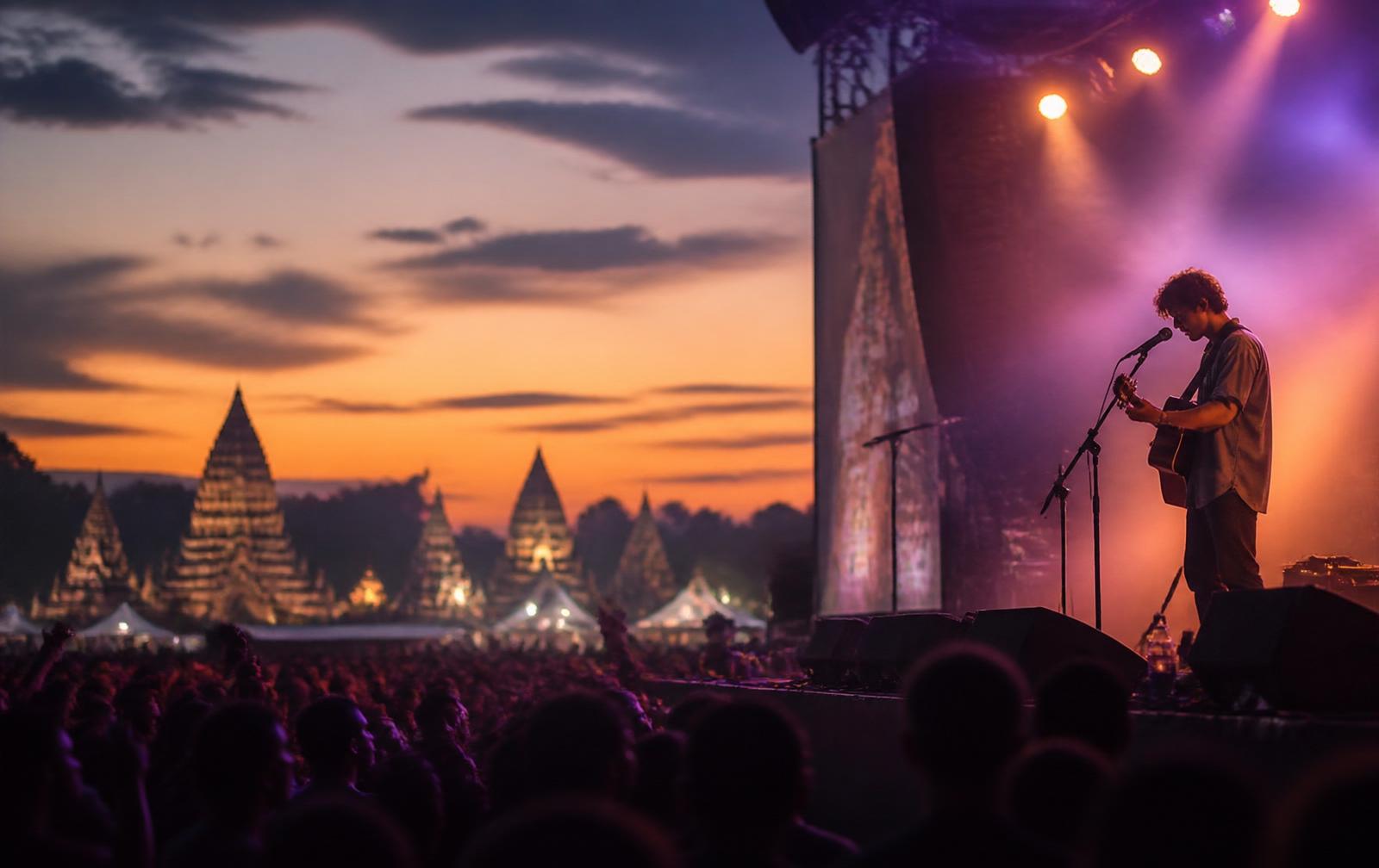 Indie musician performing at an international festival at sunset